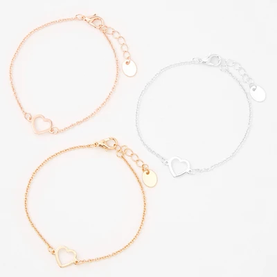 Mixed Metal Heart Cutout Chain Bracelets - 3 Pack