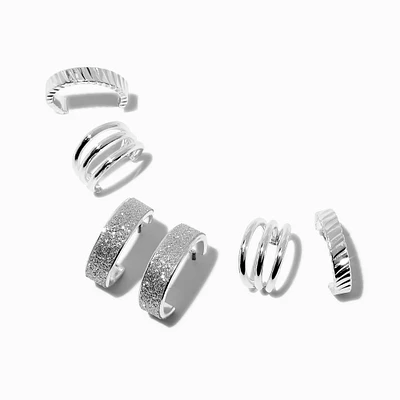 Silver Glitter & Textured Hoop Earring Stackables Set - 3 Pack