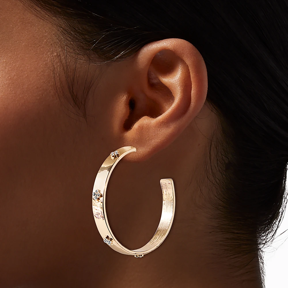 Gold-tone Crystal Clover Thick Hoop Earrings