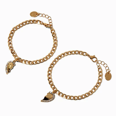 Gold-tone Curb Chain Heart Charm Bracelets - 2 Pack 