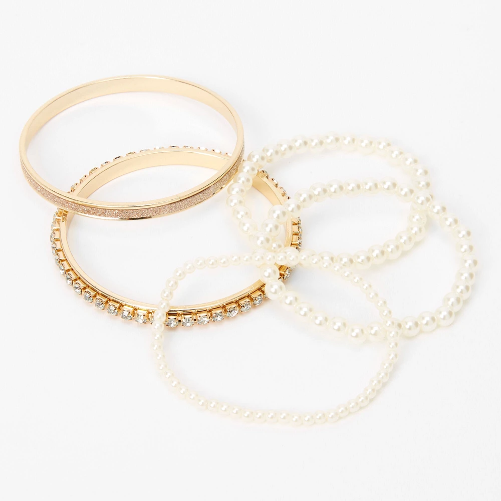 Claire's Club Gold-tone Bangle & Pearl Stretch Bracelet Set - 5 Pack