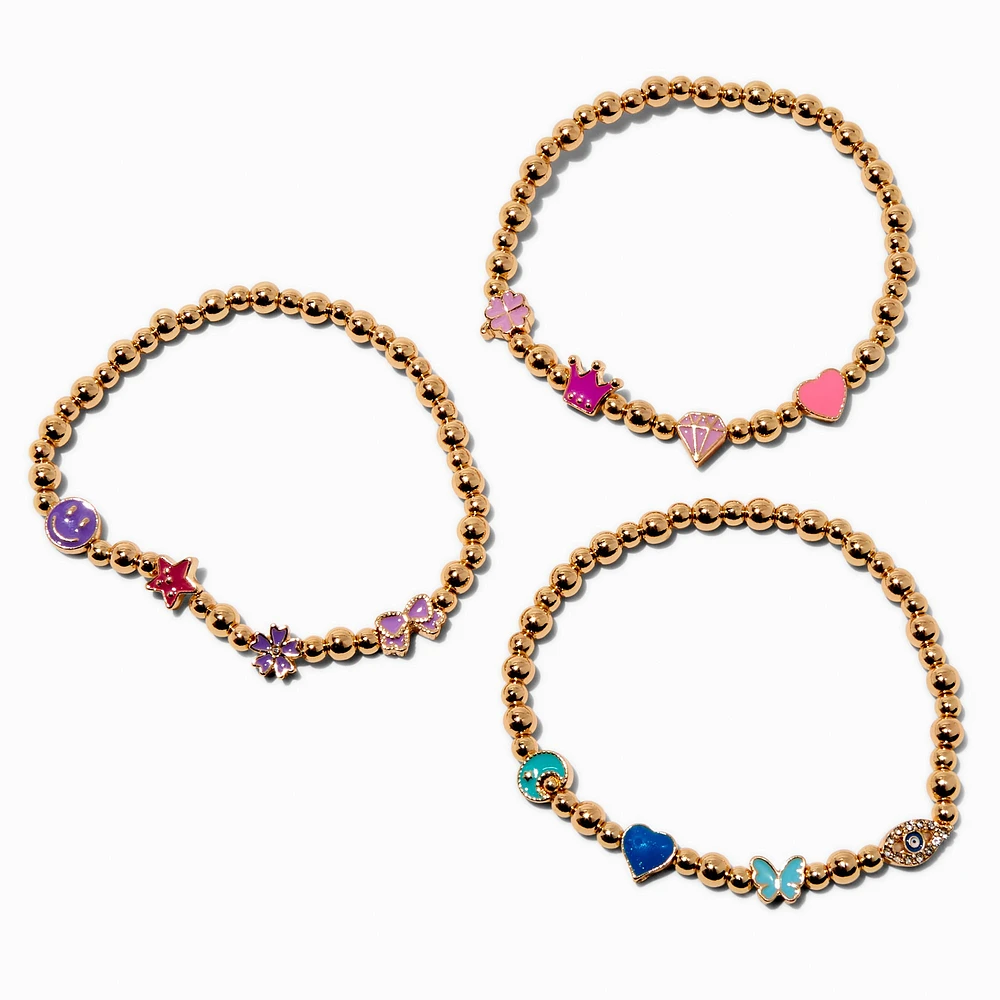 Gold-tone Bead Icon Stretch Bracelets - 3 Pack