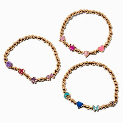 Gold-tone Bead Icon Stretch Bracelets - 3 Pack