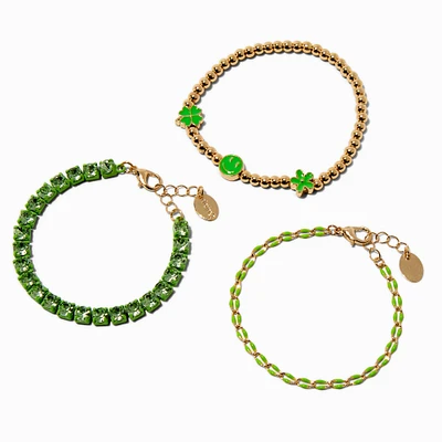 Green Enamel Heart Clover Bracelet Set - 3 Pack