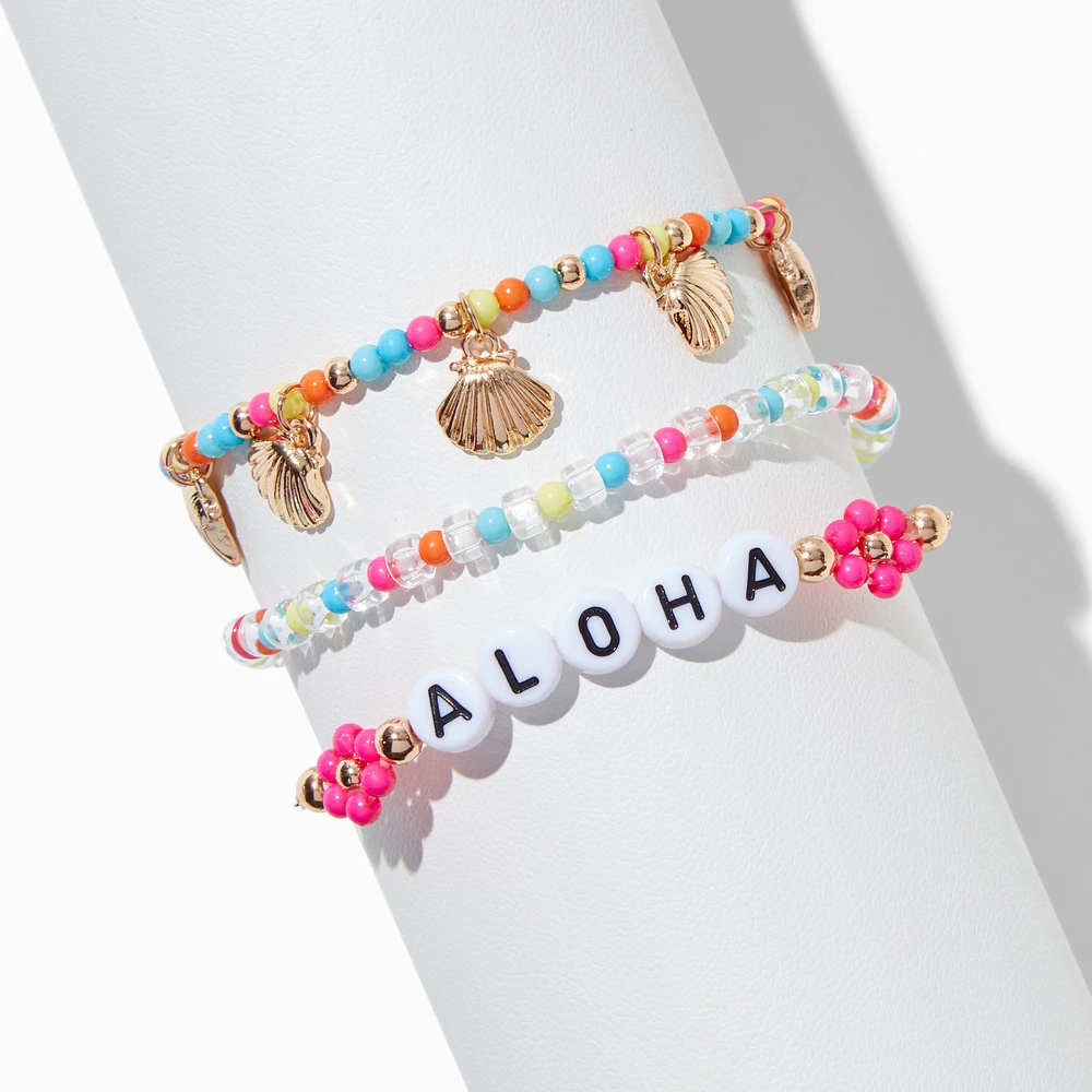 "Aloha" Gold-tone Shell Beaded Bracelet Set -  3 Pack