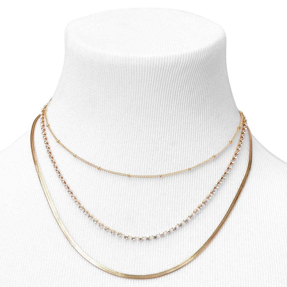 Gold Beaded, Rhinestone & Snake Chain Necklaces - 3 Pack 
