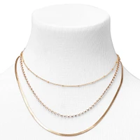 Gold Beaded, Rhinestone & Snake Chain Necklaces - 3 Pack 