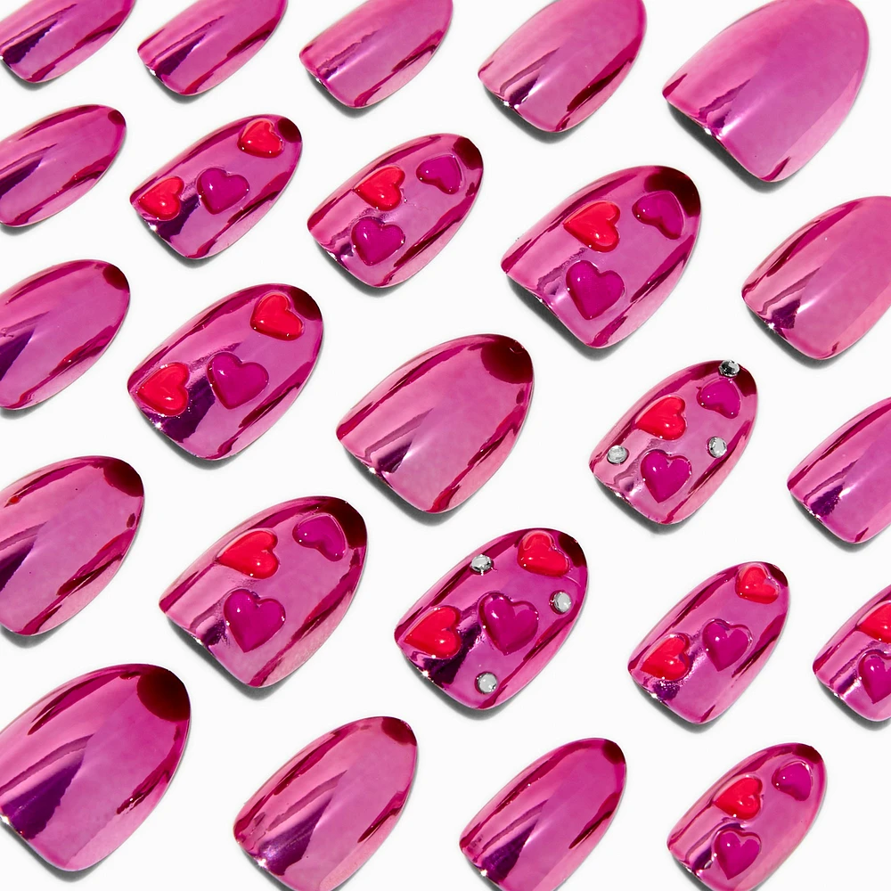 Puffy Heart Pink Chrome Short Almond Vegan Faux Nail Set - 24 Pack