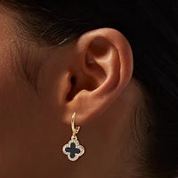 Gold-tone Pink & Black Crystal Clover 12mm Hoop Earrings
