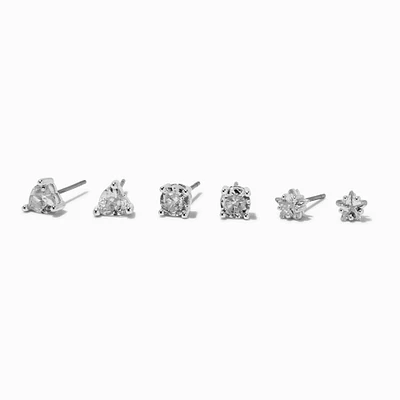 Silver-tone Cubic Zirconia 5mm Heart, Round, & Star Stud Earrings - 3 Pack