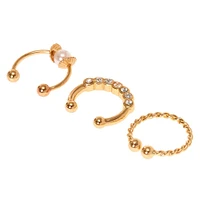 Gold-tone Stainless Steel Braided Crystal Faux Cartilage Earrings - 3 Pack