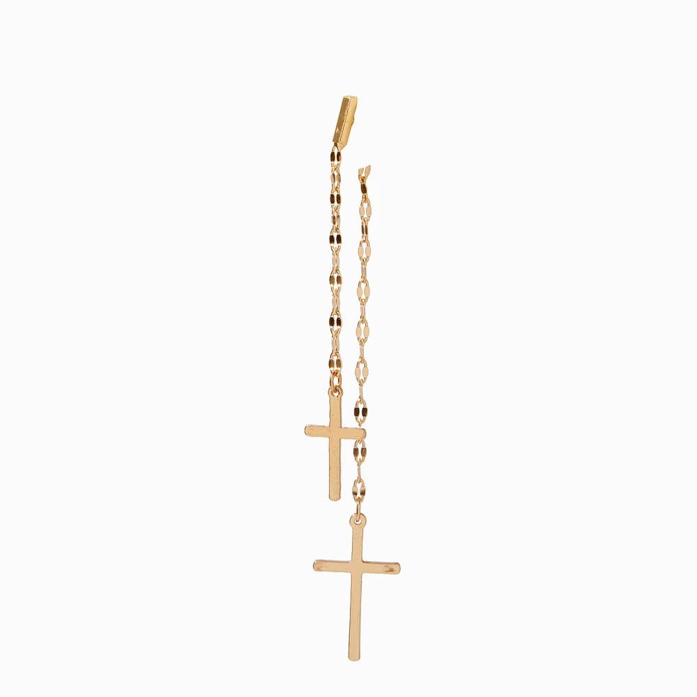 Gold-tone Cross Tinsel Chain Front & Back Drop Earrings