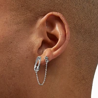 Silver-tone Safety Pin & Starburst Connector Chain Stud Earrings