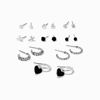 Silver-tone Black Carved Rose Mixed Earrings Set - 9 Pack 