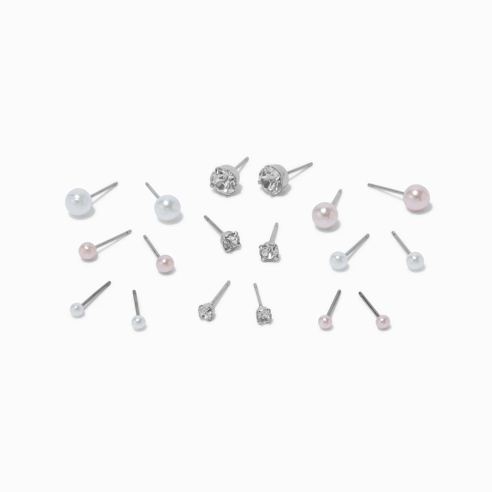 Pink & White Crystal & Pearl Coquette Stud Earrings - 9 Pack