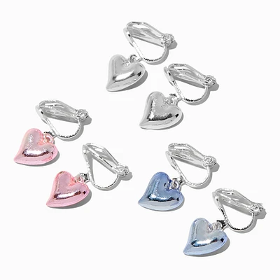 Puffy Heart Clip-On Drop Earrings - 3 Pack 