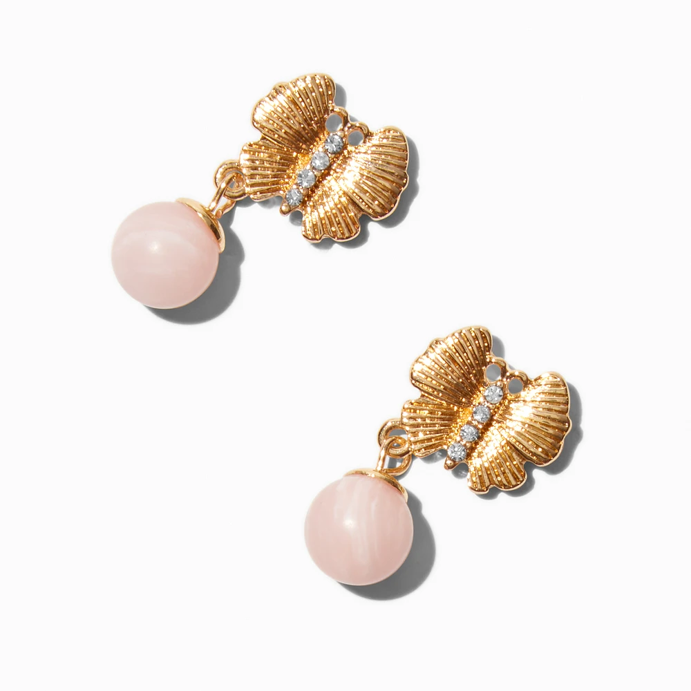 Gold-tone Butterfly & Pink Pearl Drop Earrings