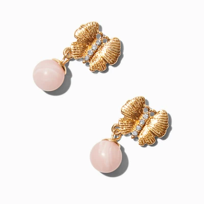 Gold-tone Butterfly & Pink Pearl Drop Earrings