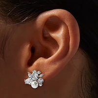 Silver-tone Pearl & Cubic Zirconia Cluster Stud Earrings 