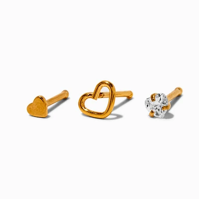 Gold-tone Stainless Steel Cubic Zirconia 20G Heart Nose Rings - 3 Pack
