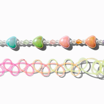 Ombré Heart Beaded Choker & Rainbow Tattoo Chokers - 2 Pack