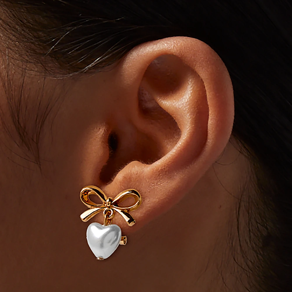 Pearl Heart & Bow Clip-On Drop Earrings 