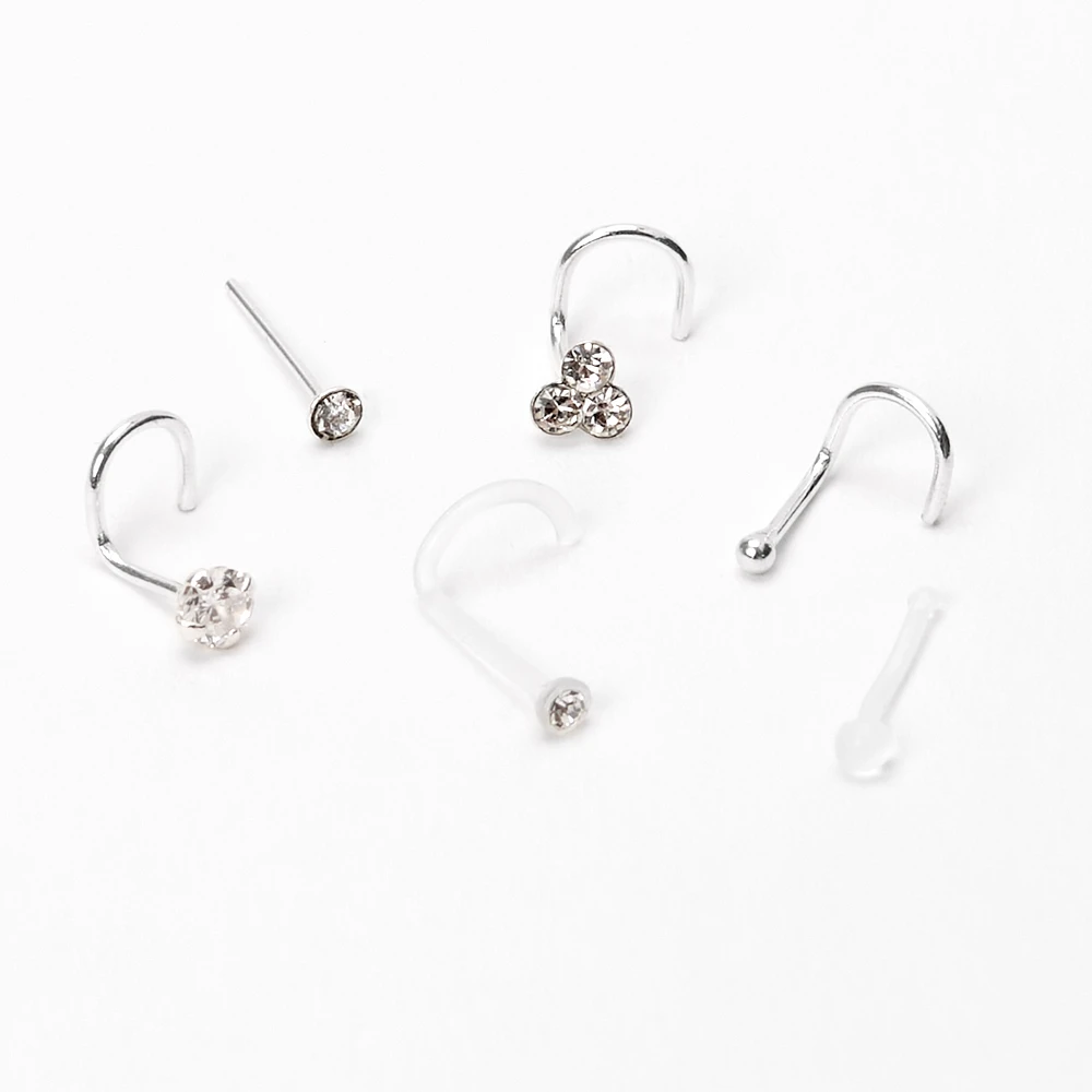 22G Sterling Silver Crystal Ball Bezel Nose Studs - 6 Pack