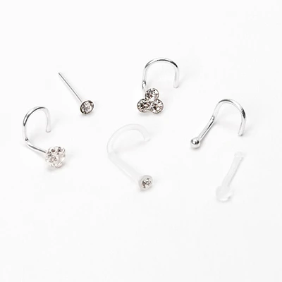 22G Sterling Silver Crystal Ball Bezel Nose Studs - 6 Pack