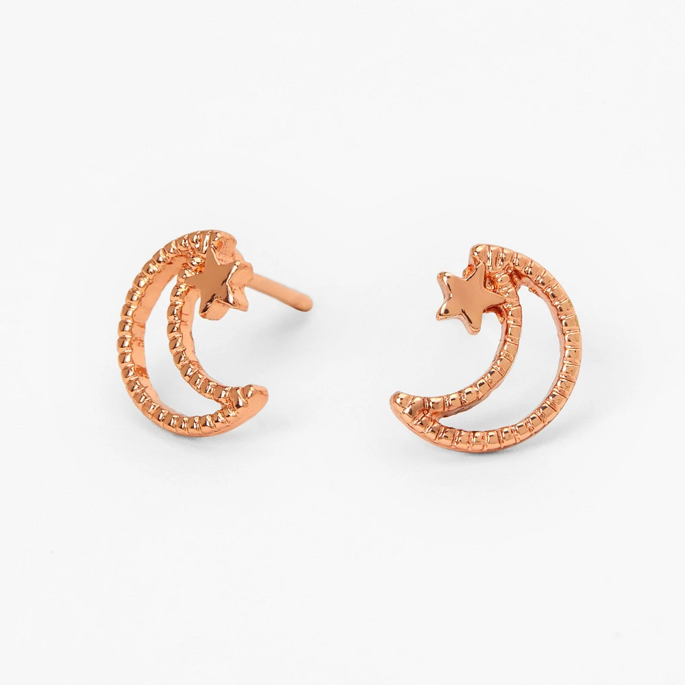 18K Rose Gold Plated Cutout Moon & Star Stud Earrings