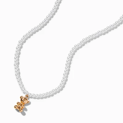 Pearl & Gold-tone Bear Pendant Necklace