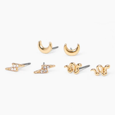 Gold-tone Celestial Stud Earrings - 3 Pack