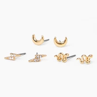 Gold-tone Celestial Stud Earrings - 3 Pack