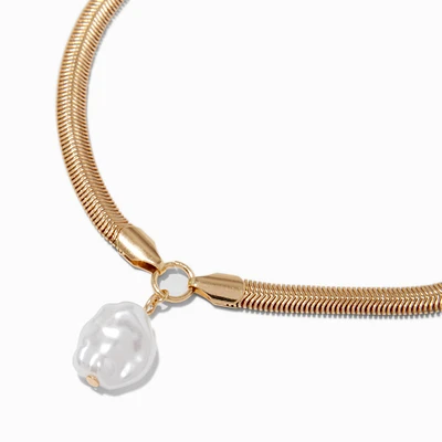 Gold-tone Herringbone Pearl Pendant Necklace 