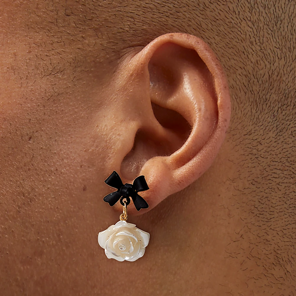 Black Bow Ivory Carved Rose Stud Earrings