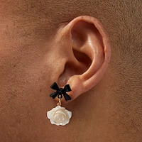 Black Bow Ivory Carved Rose Stud Earrings