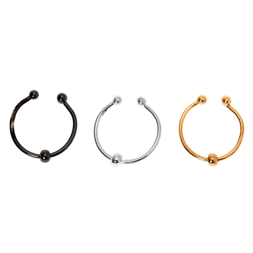 Mixed Metal Beaded Faux Hoop Nose Rings - 3 Pack