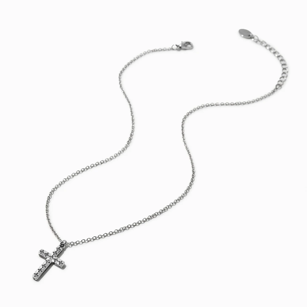 Silver-tone Pavé Cross Pendant Necklace