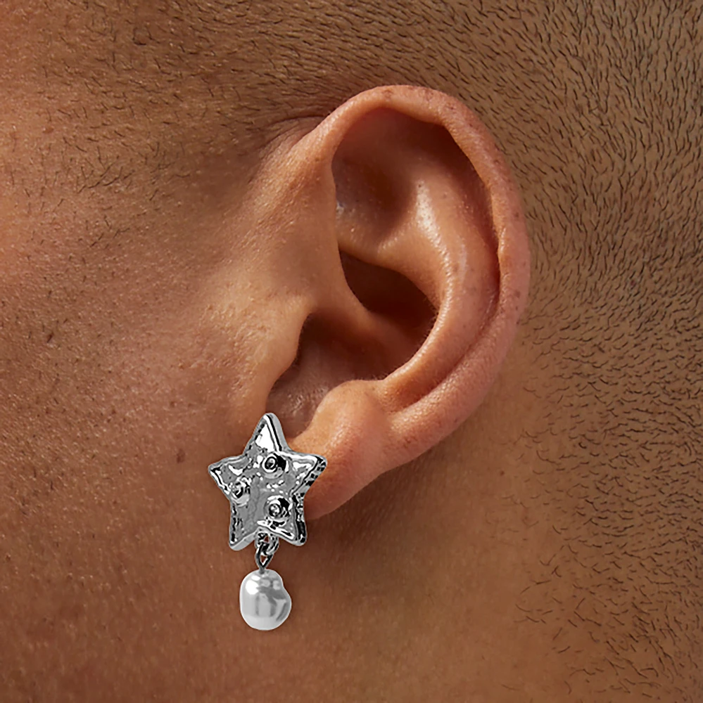 Silver-tone Hammered Star & Pearl Drop Earrings