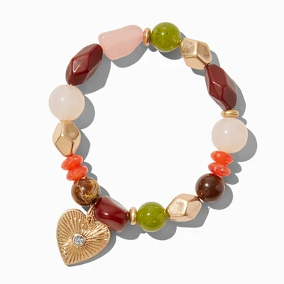 Gold-tone Textured Heart Boho Beaded Stretch Bracelet