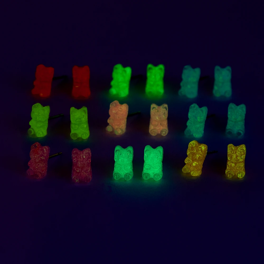 Neon Glow in the Dark Gummy Bears® Stud Earrings - 9 Pack