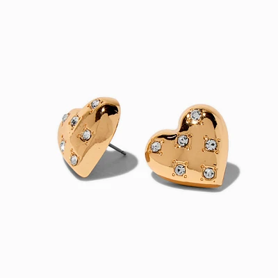 Gold-tone Puffy Heart Crystal Stud Earrings 