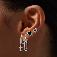 Silver-tone Safety Pin Grunge Earring Stackables Set - 6 Pack