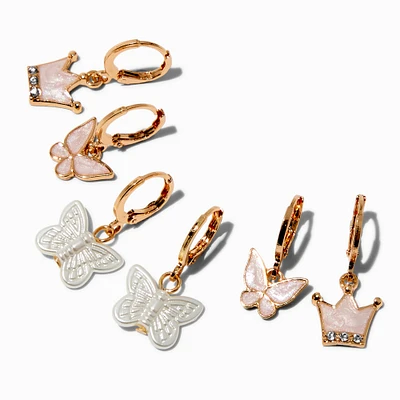 Crown & Butterfly Gold-tone Hoop Earrings - 3 Pack