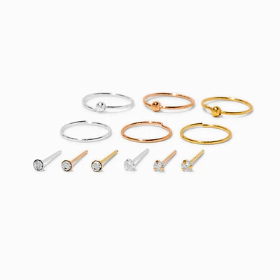 22G Mixed Metal Sterling Silver Nose Studs & Hoop - 12 Pack