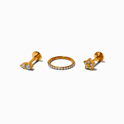 Gold-tone Titanium Cubic Zirconia Flower 18G Flat Back & Clicker Helix Earrings - 3 Pack