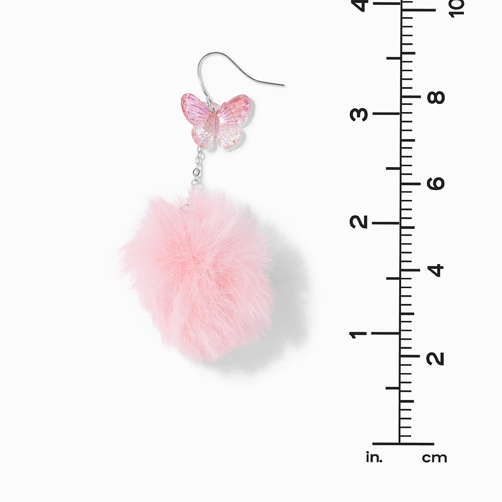 Pink Butterfly Pom Pom 3'' Drop Earrings