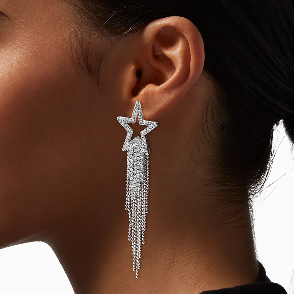 Cubic Zirconia Star Silver-tone Fringe Drop Earrings