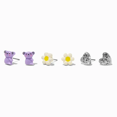 Sloth, Daisy, & Heart Stud Earrings - 3 Pack