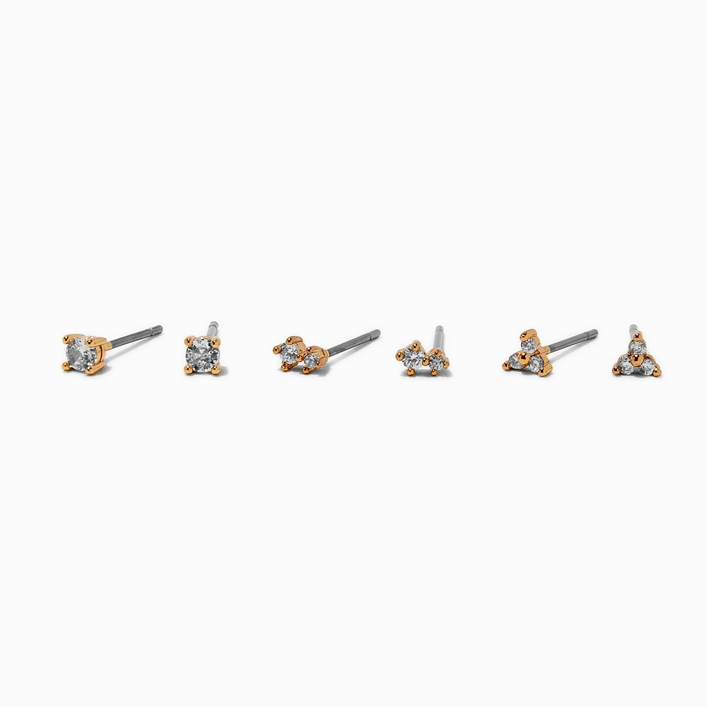 Gold-tone Cubic Zirconia 3mm Mixed Stud Earrings - 3 Pack