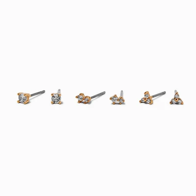 Gold-tone Cubic Zirconia 3mm Mixed Stud Earrings - 3 Pack